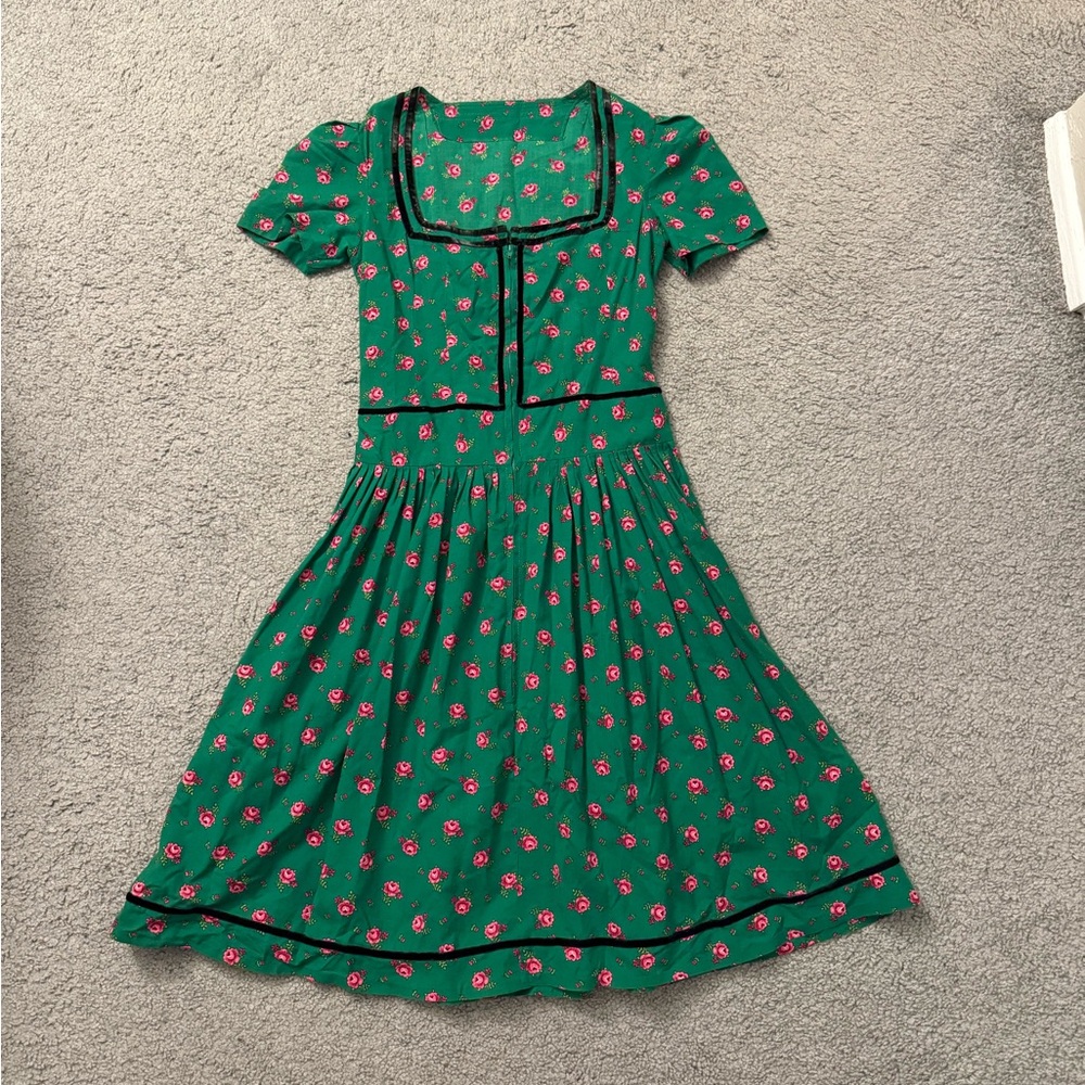 Vintage Green Midi Dress with Pink Floral Print